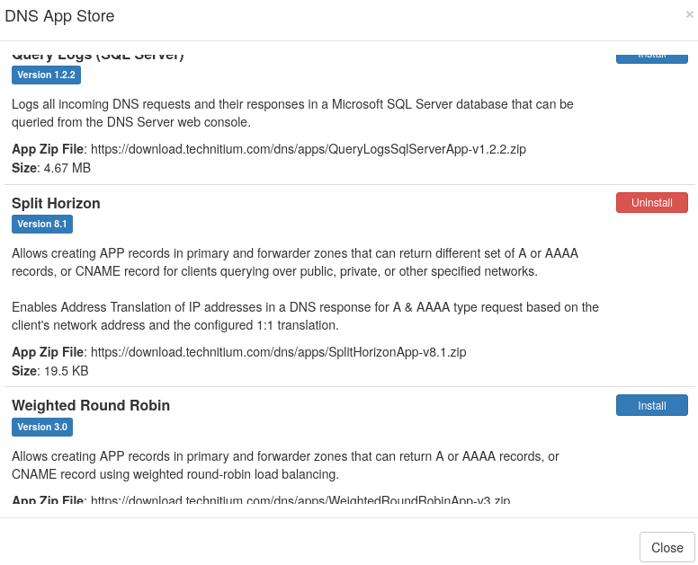 Technitium DNS App Store showing the Split Horizon app